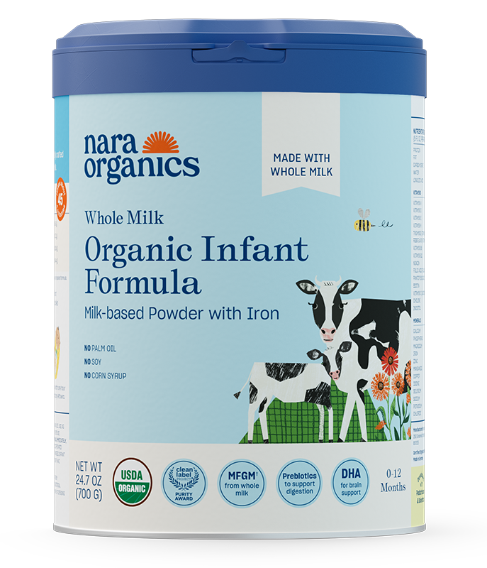 A can of Nara Organics Whole Milk Organic Infant Formula with iron for babies 0-12 months old.